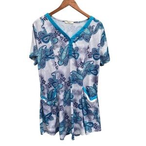 Bebonnie Top‎ Womens XXL Blue Floral Costal Cottage Pullover Tunic with pockets